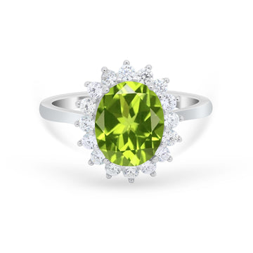 Floral Halo Oval Wedding Engagement Simulated Peridot CZ Ring 925 Sterling Silver